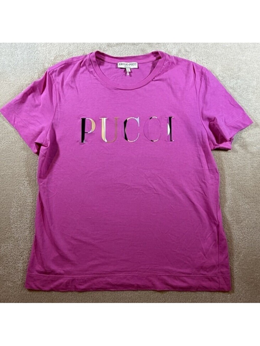 Emilio Pucci Womens L Pink Logo Graphic T-Shirt Made in Italy Designer Tee AUTH